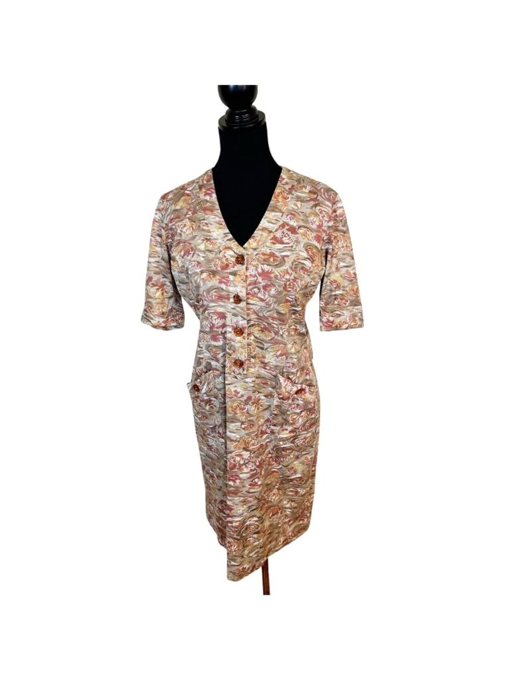 Liola Womens Knee Length Dress Brown Floral Sheath Medium 1960s Pockets Italy